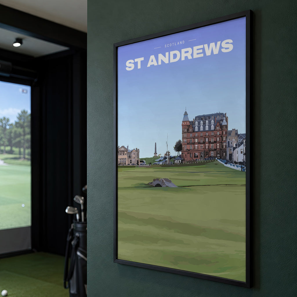 St Andrews Swilcan Bridge golf print of the Swilcan Bridge below the town, framed on a green wall beside a golf simulator
