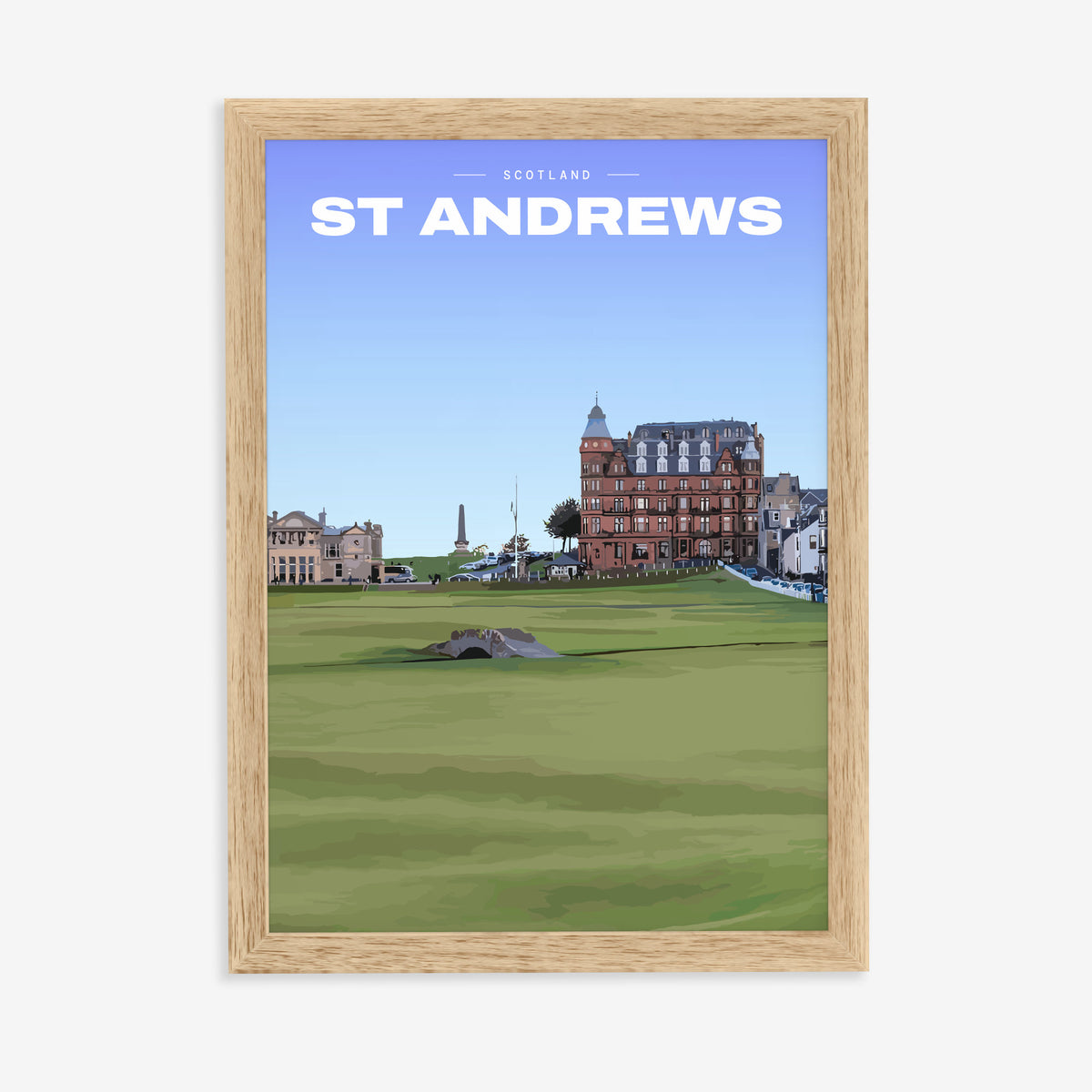 St Andrews Swilcan Bridge golf print of the Swilcan Bridge below the town, in a natural wood frame on a plain wall