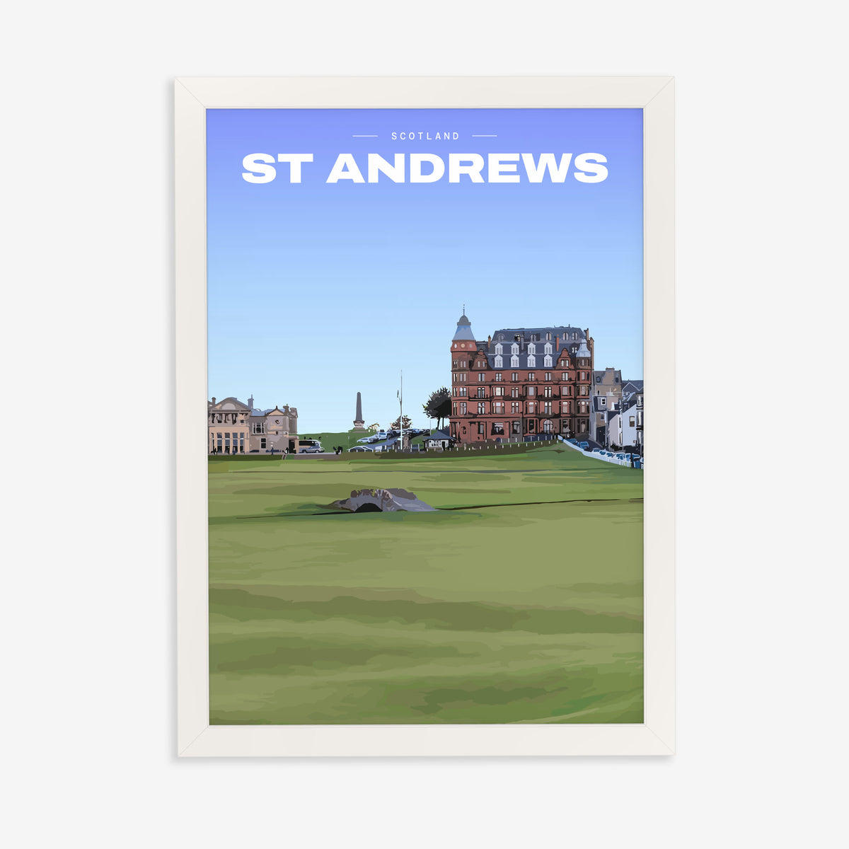 St Andrews Swilcan Bridge golf print of the Swilcan Bridge below the town, in a white frame on a plain wall
