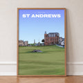 St Andrews Swilcan Bridge golf print of the Swilcan Bridge below the town, in an oak frame, leaning against a wall on a herringbone floor