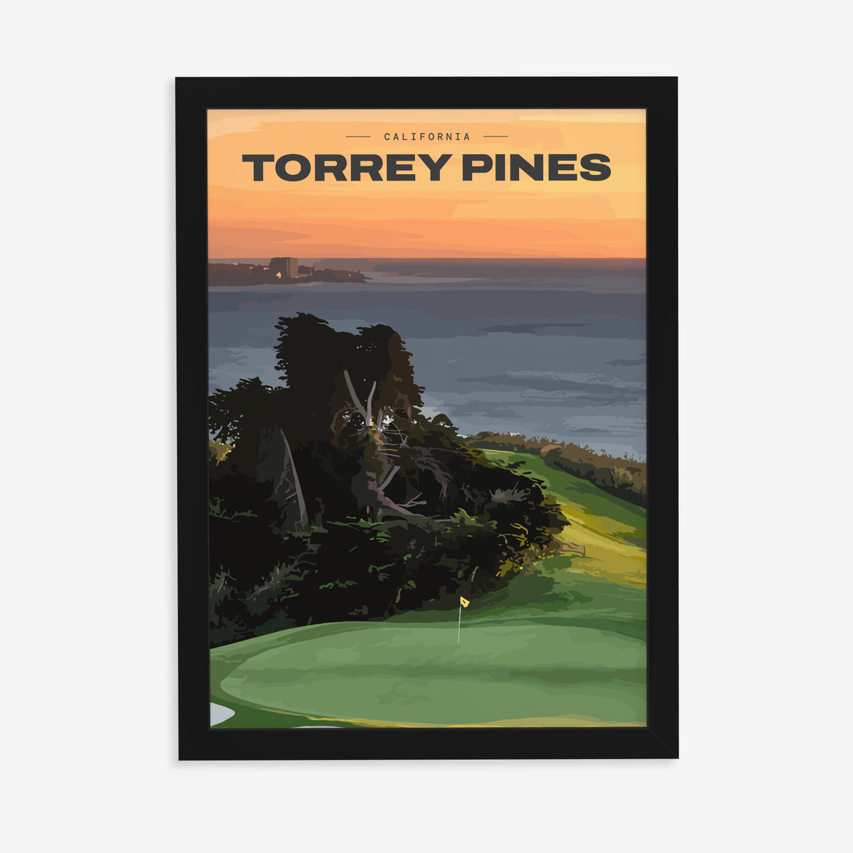 Torrey Pines golf print of a clifftop green above the Pacific at sunset, in a black frame on a plain wall