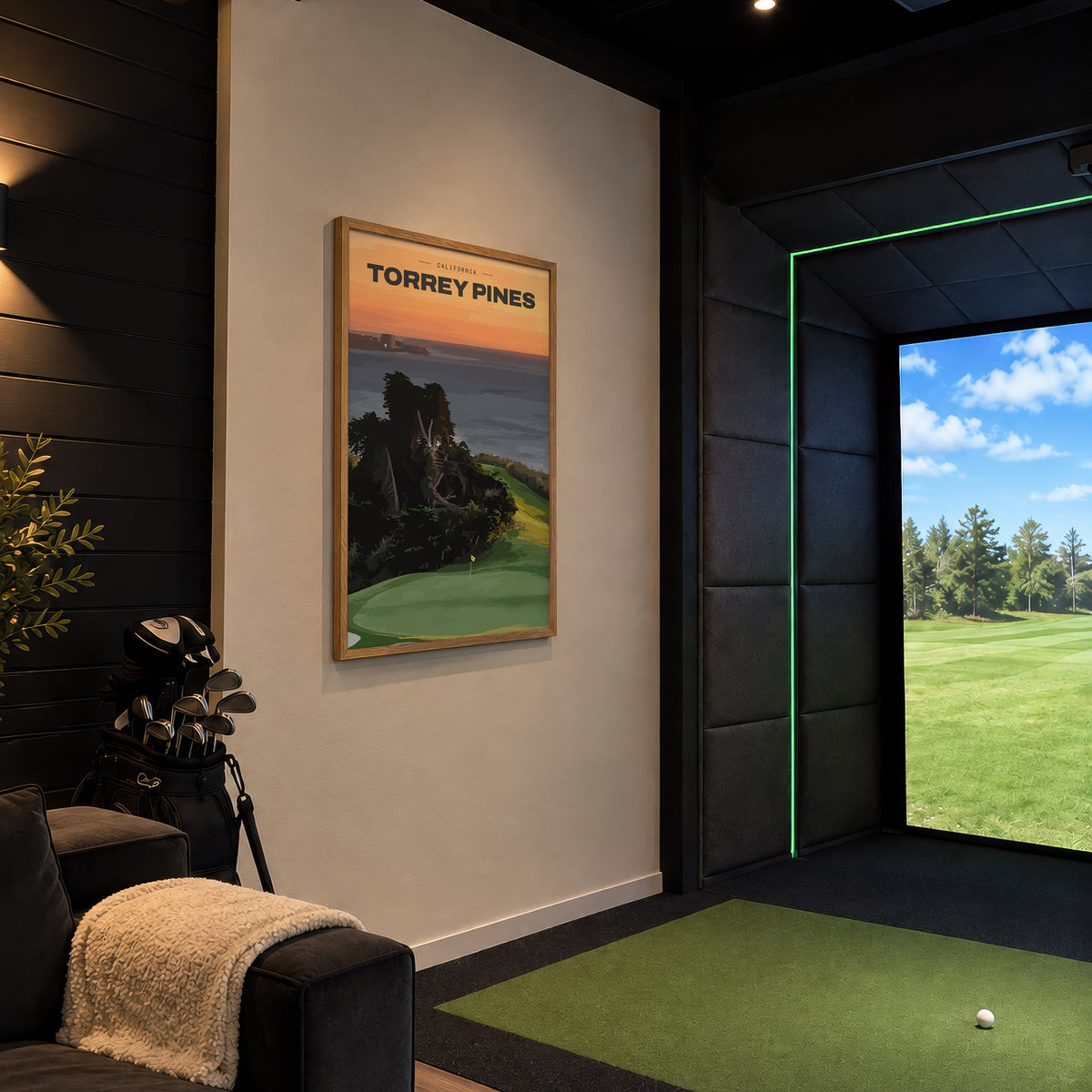 Torrey Pines golf print of a clifftop green above the Pacific at sunset, framed in a golf simulator room