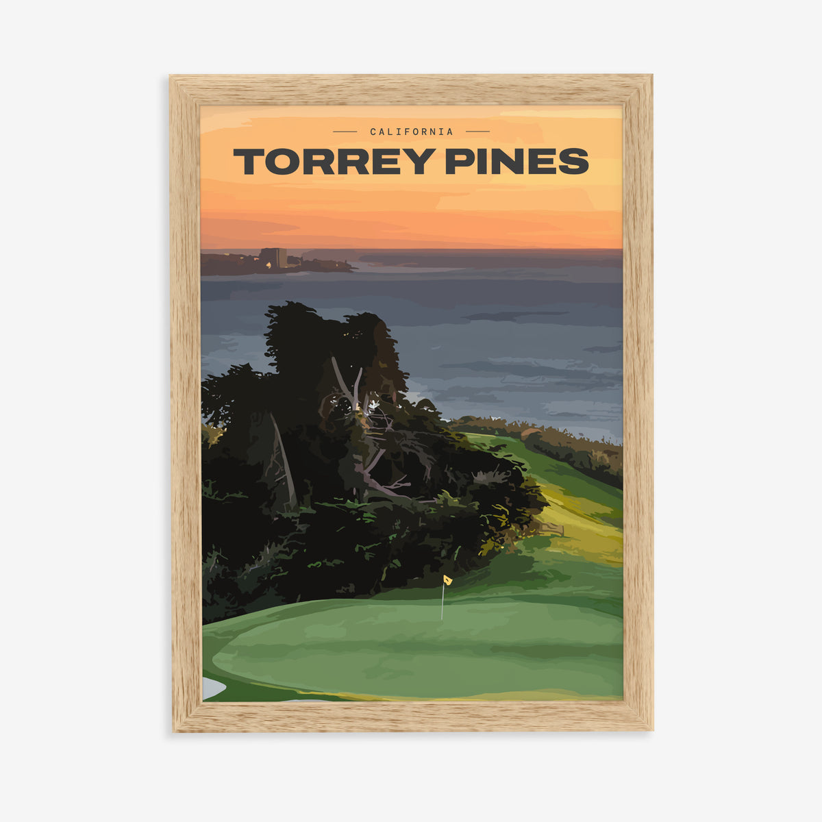 Torrey Pines golf print of a clifftop green above the Pacific at sunset, in a natural wood frame on a plain wall