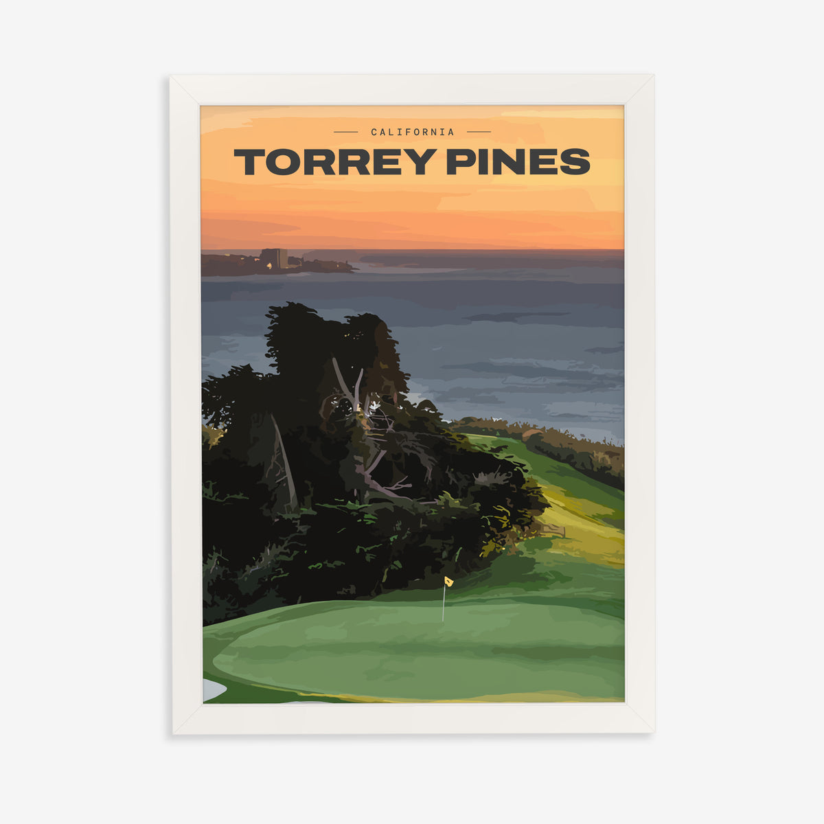 Torrey Pines golf print of a clifftop green above the Pacific at sunset, in a white frame on a plain wall
