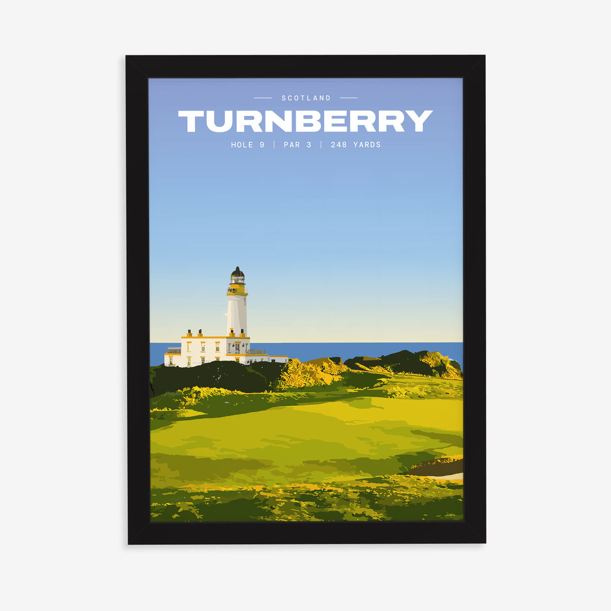 Turnberry 9th hole golf print of a white lighthouse above a links green, in a black frame on a plain wall