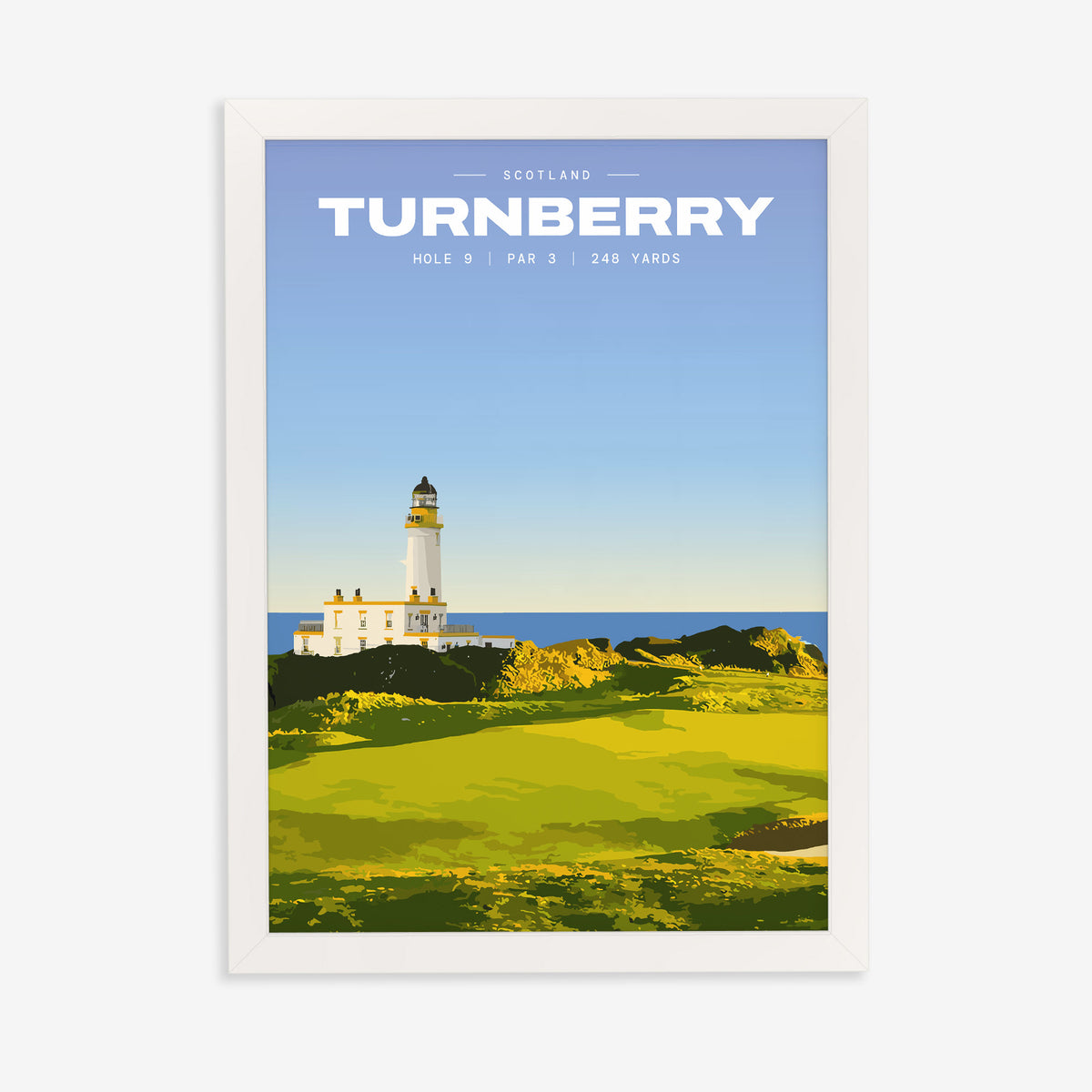 Turnberry 9th hole golf print of a white lighthouse above a links green, in a white frame on a plain wall
